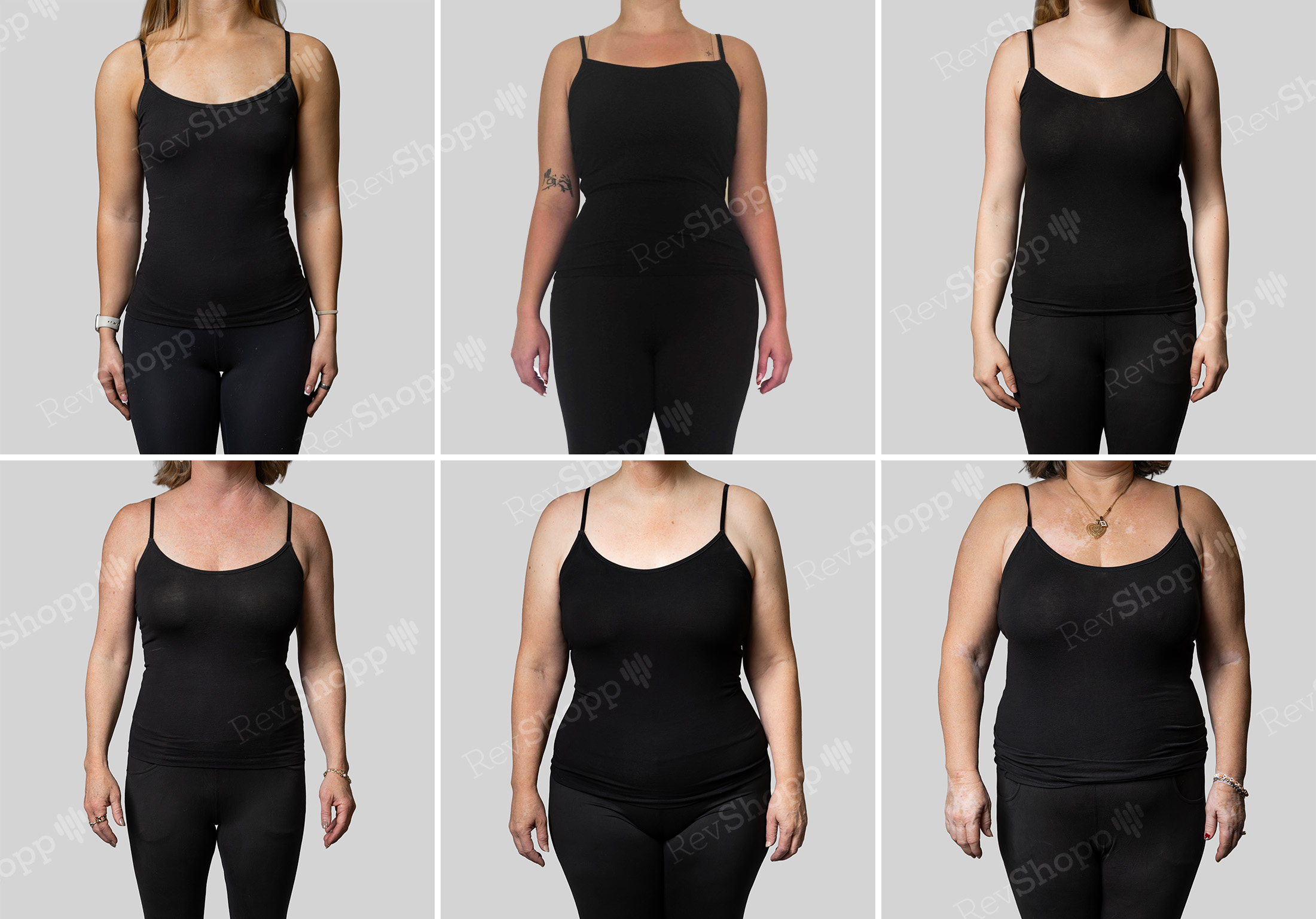Six real women photographed torso-only in matching black tops