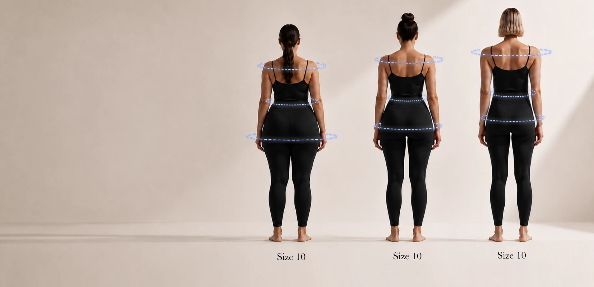 Three women with pear, hourglass and inverted triangle body shapes wearing the same size 10 black outfit