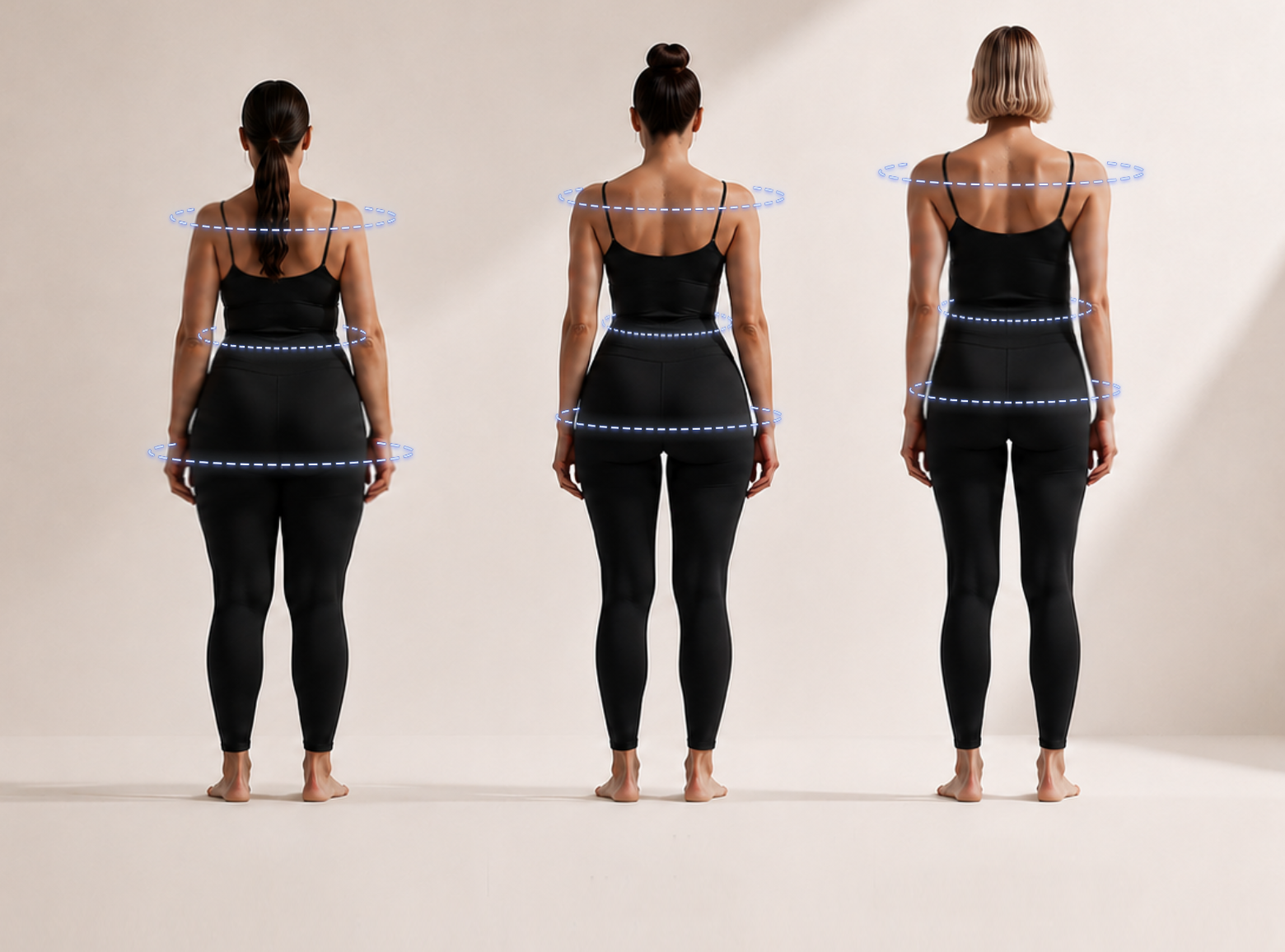 Three women with different body shapes wearing the same size black outfit, shown from behind with measurement overlays