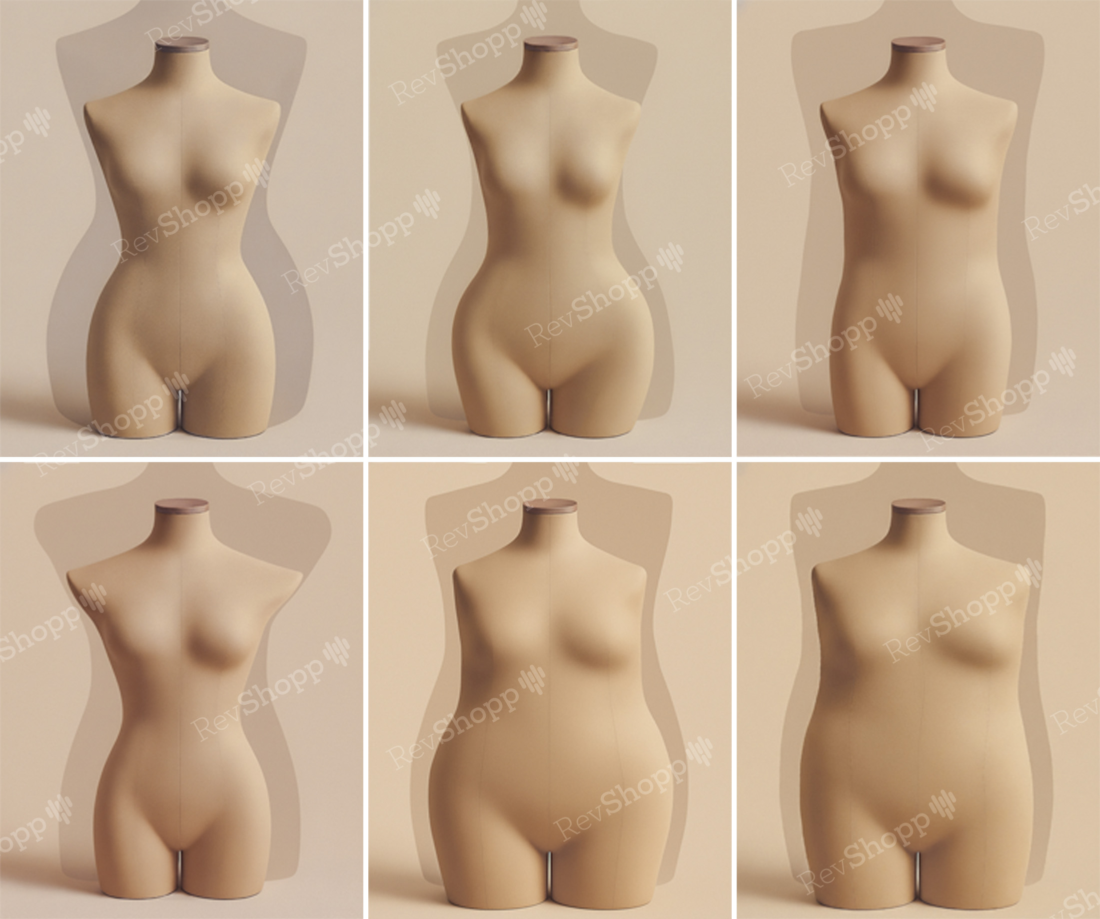 Six RevShopp mannequin torsos showing distinct body shapes